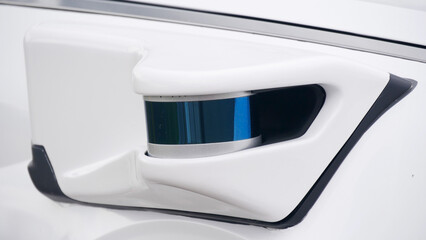 Self-driving vehicle with mounted lidar sensor, close-up shot