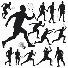 A dynamic collection of silhouettes showing various badminton movements, including smashes, jumps, and runs. The composition highlights the speed and energy of the sport in a bold, graphic style.

