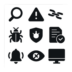 Misinformation Detection Icons. Solid, filled icons set of digital misinformation detection: magnifying glass,