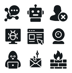 Misinformation Icons Grid. Solid, filled icons set of online misinformation sources: social media, bot, fake