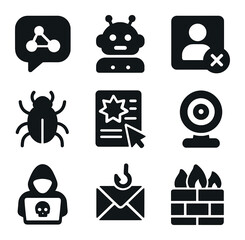 Misinformation Icons Grid. Solid, filled icons set of online misinformation sources: social media, bot, fake