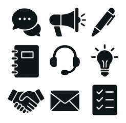 Communication Icons Grid. Solid, filled icons set of effective communication: speech bubbles, megaphone, pen,