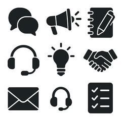 Communication Icons Grid. Solid, filled icons set of effective communication: speech bubbles, megaphone, pen,