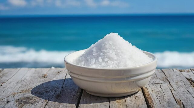 Bowl of sea salt on the beach.