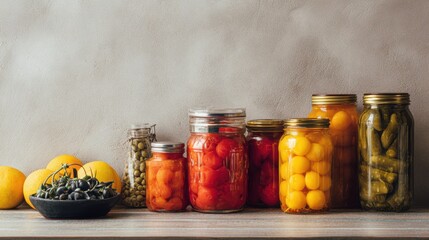 Assorted canned fruits and vegetables in jars with oranges and olives on a wooden table.