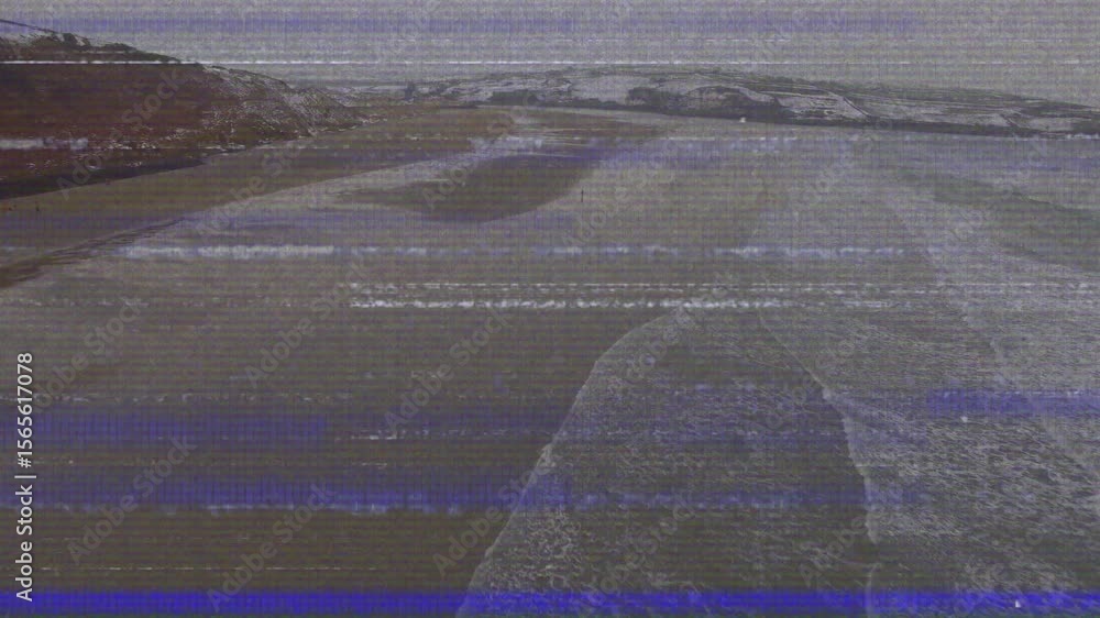Poster wind-driven waves rolling onto shore, cresting and receding, revealing pools with static flickering