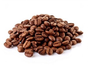 Fototapeta premium Roasted coffee beans piled up on white background