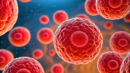Red cell biology microscopic view showing detailed structure and function of endothelial cells in vibrant red with glowing effect