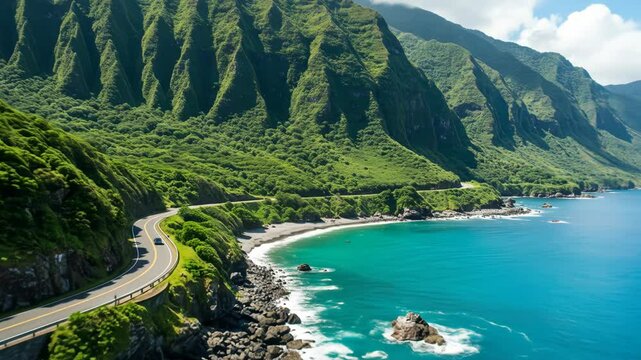 Winding coastal road with a vehicle passing by mountains covered in lush green vegetation and ocean views