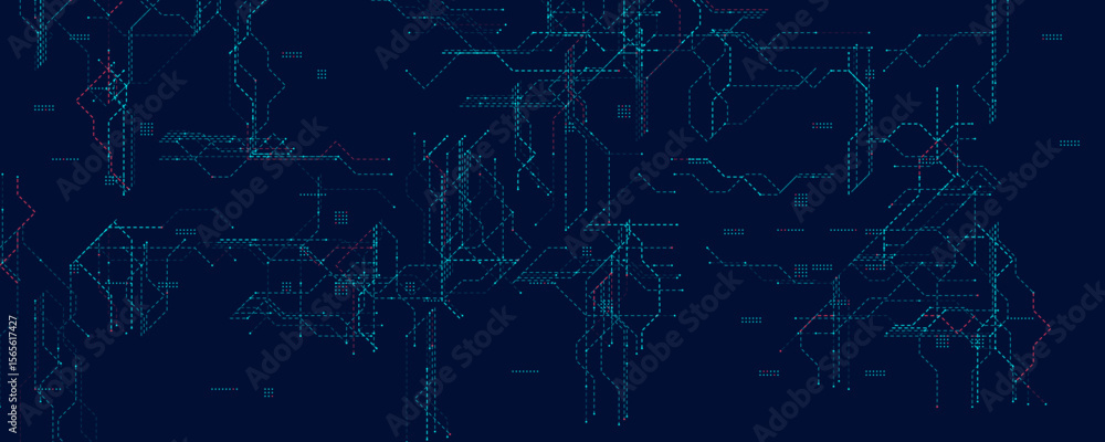 Aufkleber digital circuit mesh with neon dotted lines. futuristic dark tech layout with blue and red connectio