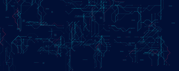 Digital Circuit Mesh With Neon Dotted Lines. Futuristic dark tech layout with blue and red connections for cyber systems, innovation, and UI design. Clean abstract structure. Vector illustration.