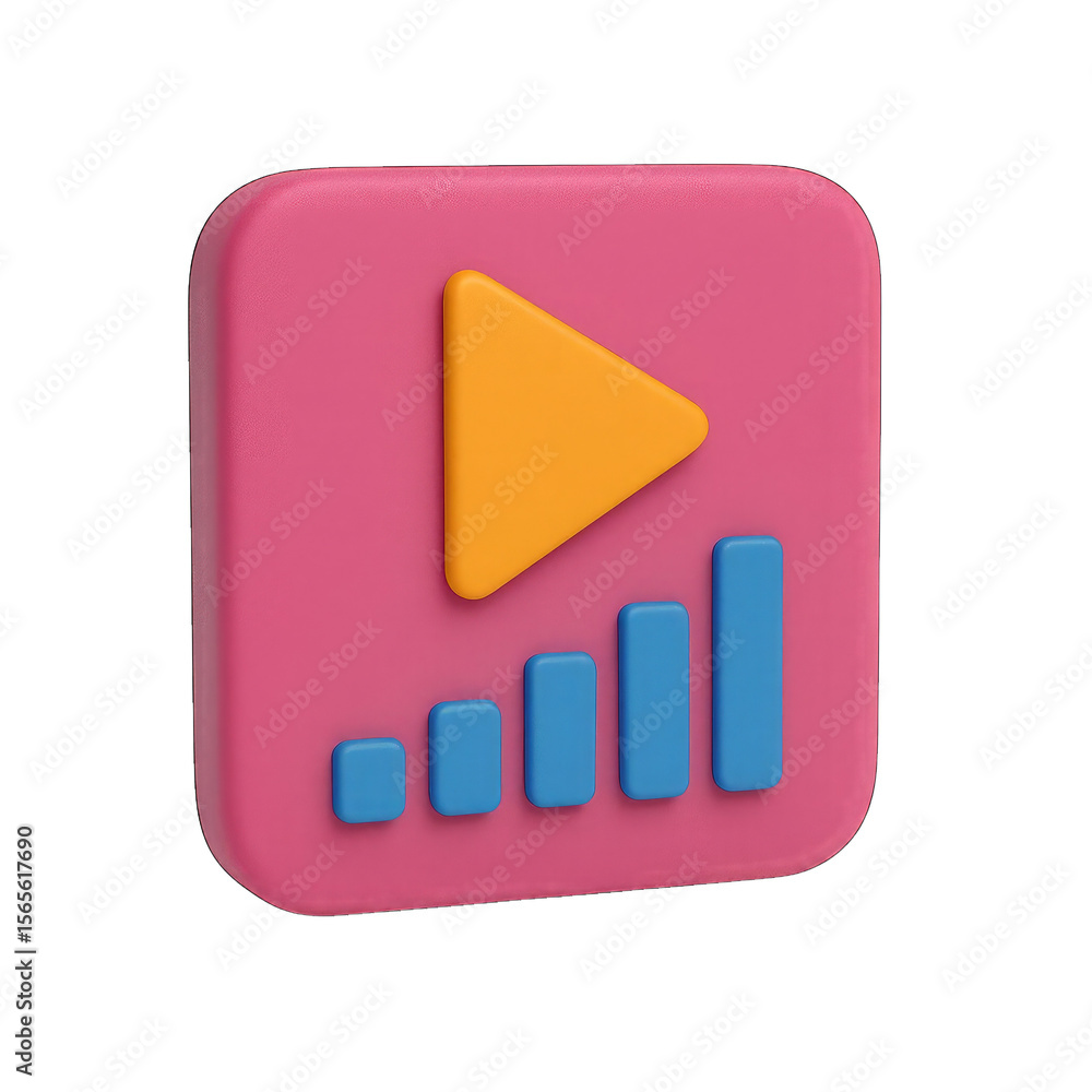 Fototapete a 3d rendered icon featuring a bright orange play button symbol positioned above a rising bar graph 