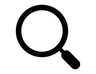 A simple black magnifying glass icon symbol for search and discovery isolated on a transparent background. PNG