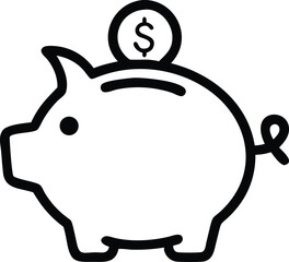 Black outline illustration of a piggy bank with a coin and dollar sign