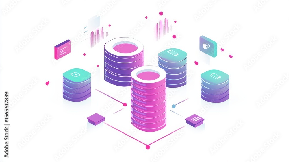 Poster colorful data storage illustration with interconnected components.