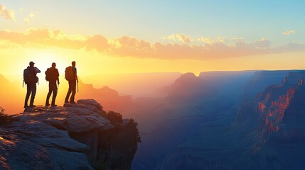 Hikers on a cliff overlooking a canyon at sunset.