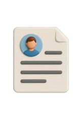 A 3d rendered icon of a resume or cv document featuring a profile picture of a person and bullet points for information