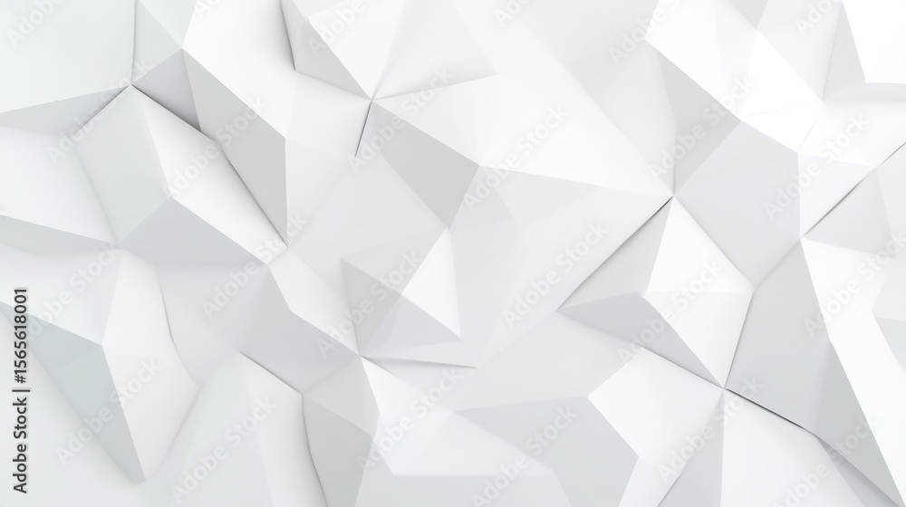 Poster Minimalist white low poly geometric background with 3D triangular shapes, soft gradients, subtle shadows, and clean faceted polygonal texture in a modern matte futuristic style