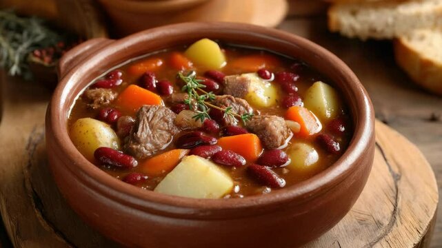 A pot of slow-cooked beef and vegetable chili, with visible garlic and herbs in a traditional ceramic pot.