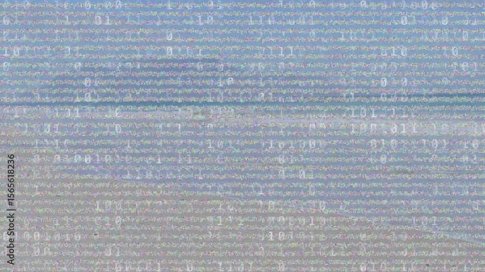 Poster on play, interference showing flickering lines and drifting binary numerals symbolizing corruption