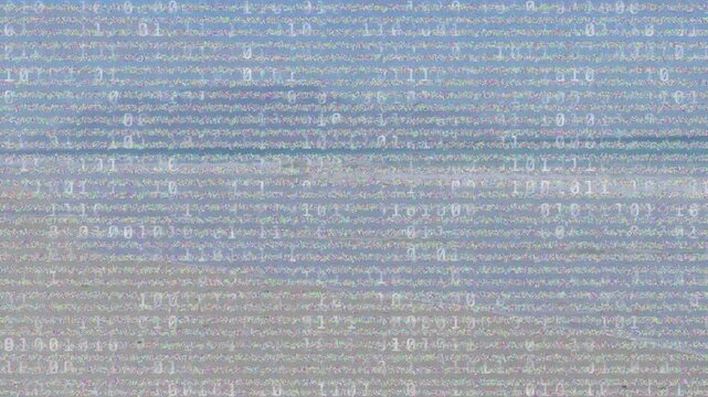 On play, interference showing flickering lines and drifting binary numerals symbolizing corruption