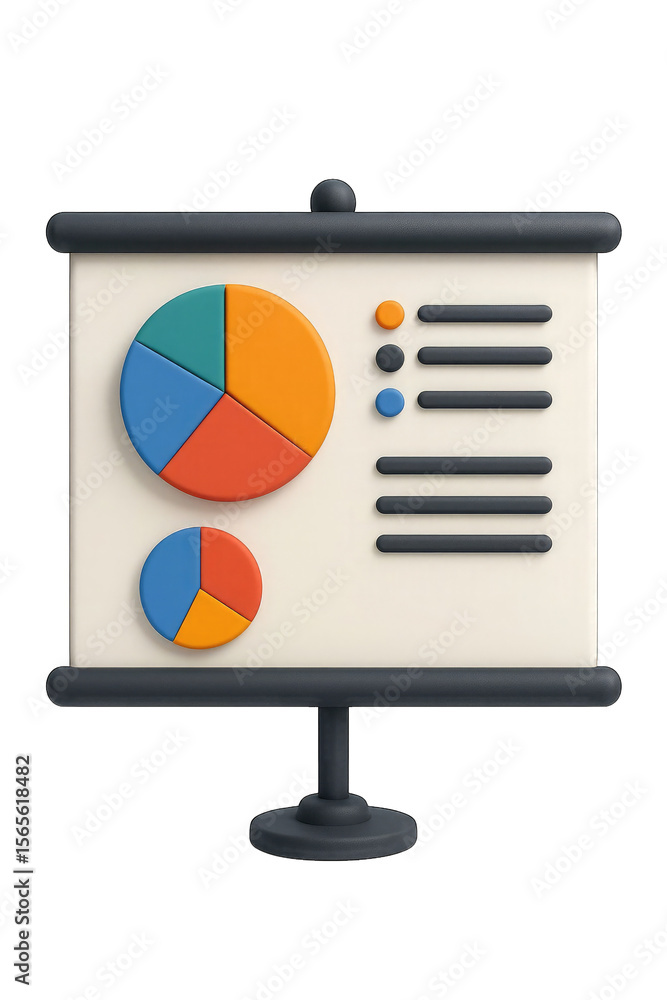 Poster 3d illustration of a presentation board featuring colorful pie charts and bullet points for business