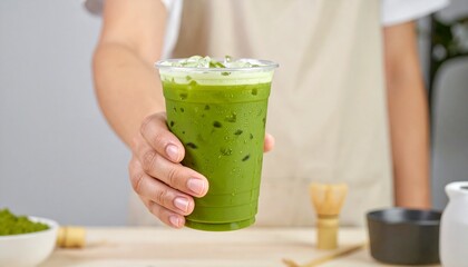 A hand offering a refreshing iced matcha latte in a clear plastic cup. The vibrant green color of the drink is enticing, and ice cubes are visible.  