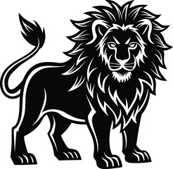 Obraz premium Majestic lion standing proudly with a full mane in a bold black silhouette .eps