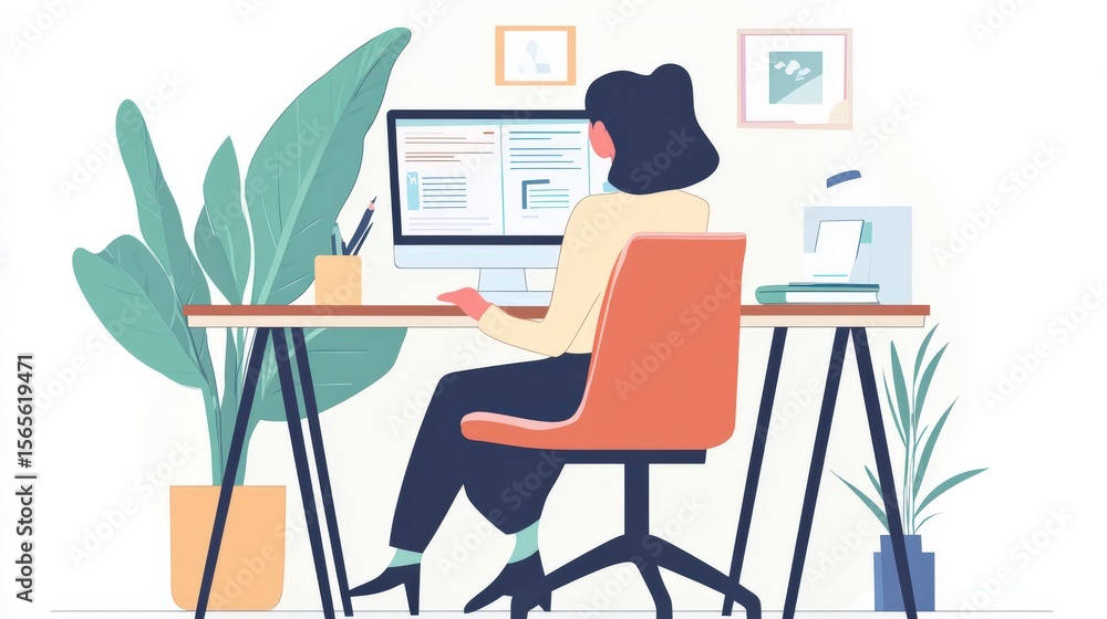 Poster person working at a computer in an office setting.