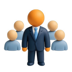 A stylized 3d rendering of a business leader in a navy suit and blue tie standing confidently in front of a team of four people