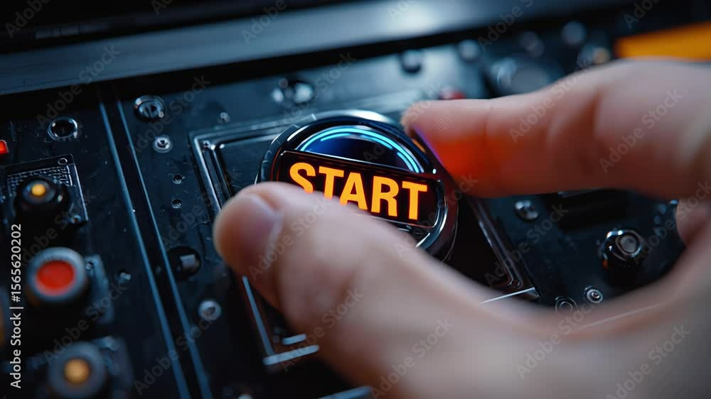 Poster close-up of a glowing start button on a futuristic control panel with metallic surface and detailed 