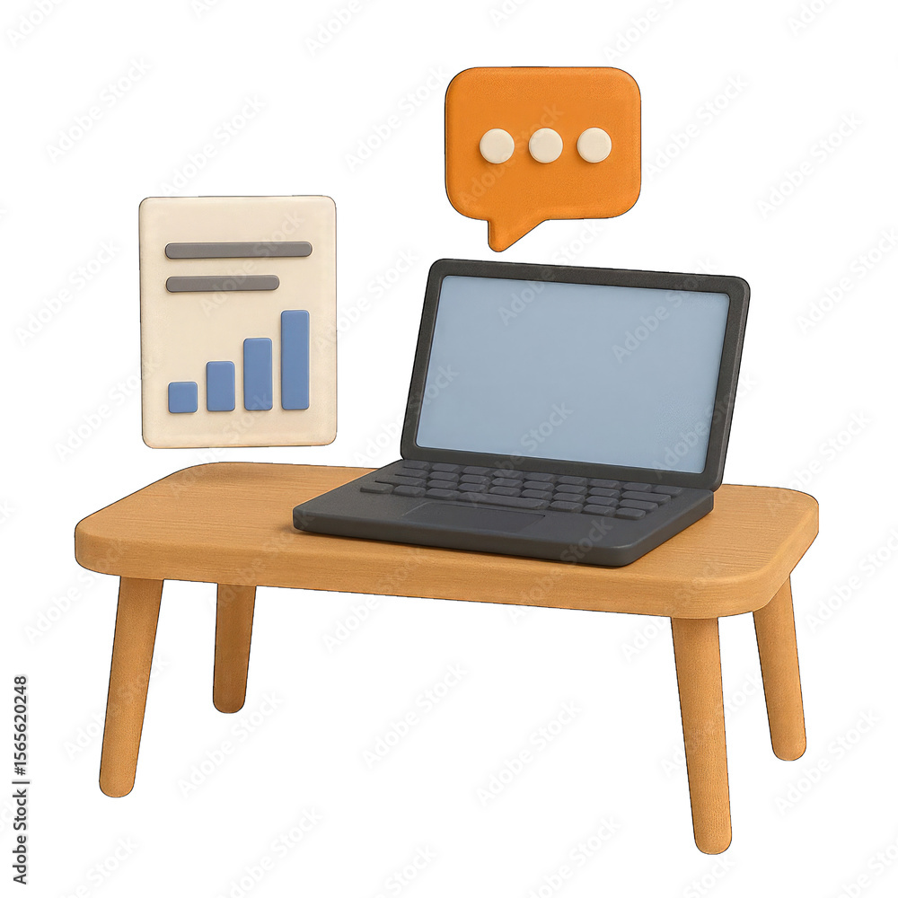 Poster 3d illustration of a laptop computer with a document showing a bar graph and a speech bubble with do