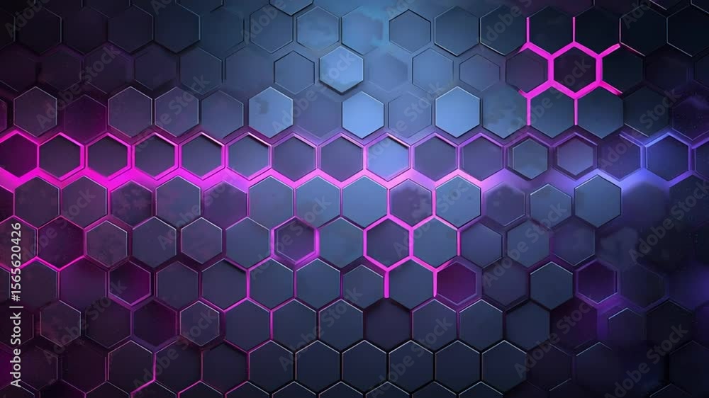 Poster futuristic hexagonal grid with glowing pink and blue light accents on a dark metallic surface. conce