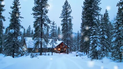 Scenic Winter Cabin Retreat Among Snow Covered Pine Trees and Falling Snow - Powered by Adobe