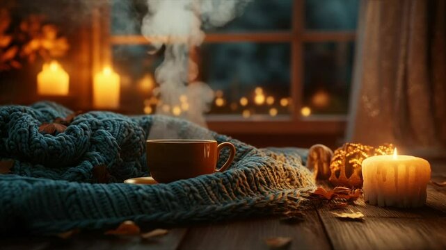 Cozy autumn scene steaming drink, knit blanket, candles, & fall leaves near window