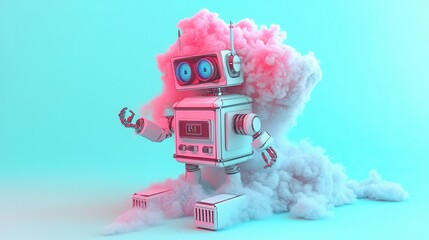 Naklejka premium Vintage robot figurine in a cloud of pink smoke.