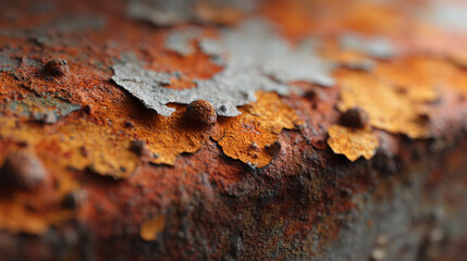 Close-up of rusted metal surface with peeling paint showcasing texture and decay in industrial setting