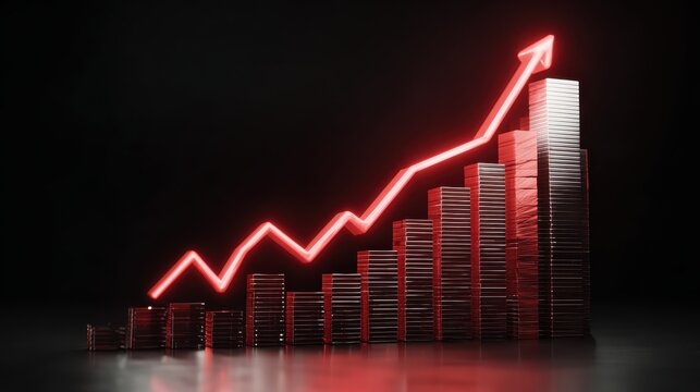 a histogram with a red arrow going up symbolizing business growth