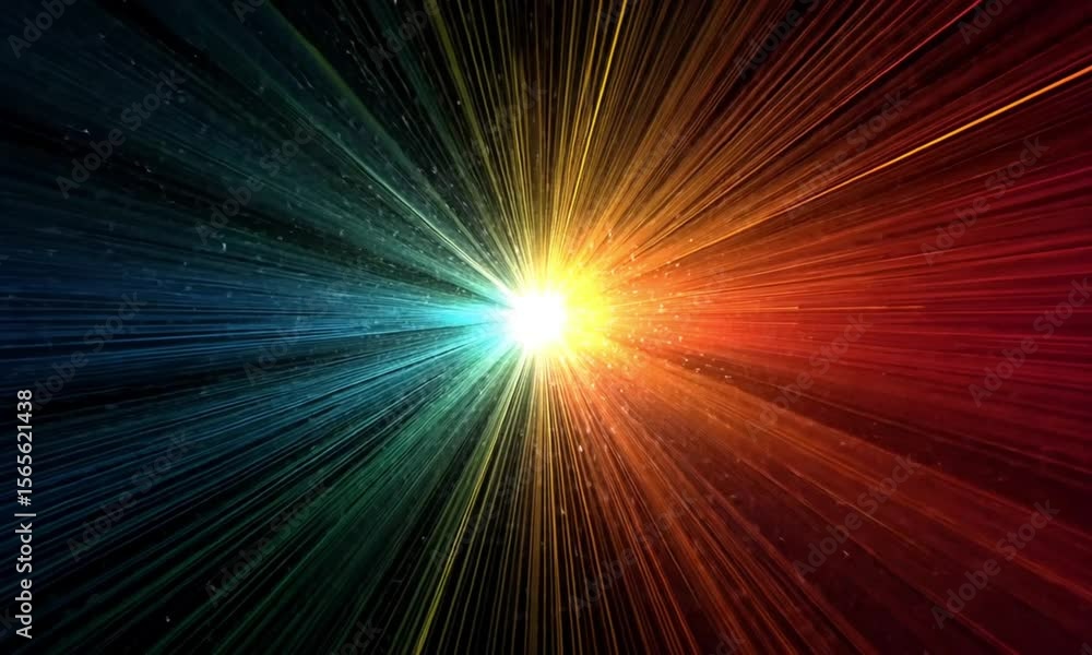 Poster radiating spectrum of vibrant lines emanating from a central point, with specks of light