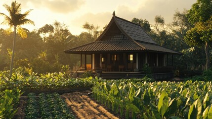 A scenic view of a traditional house with a garden of betal plants flourishing nearby during festive season