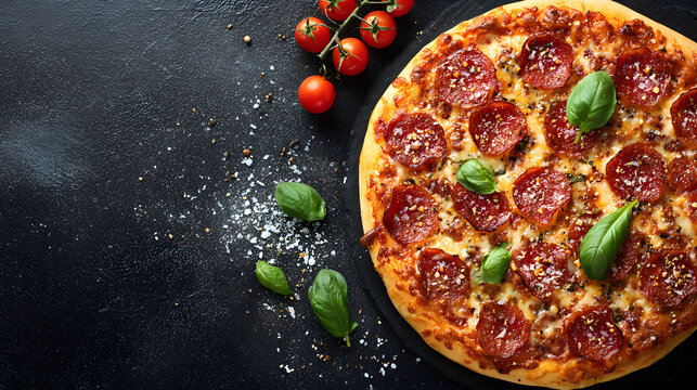 copy space, stockphoto, tasty pizza, top view. Beautiful background for national pizza day, italian restaurant menu or pizzeria. Traditional Italian food. National pizza day. - Powered by Adobe