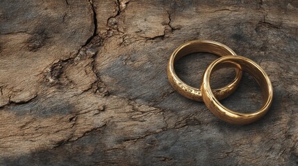 Rustic wood background with golden rings, wedding invitation design