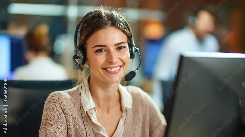 Poster customer support phone operator working at computer. happy call center agent working on support hotl