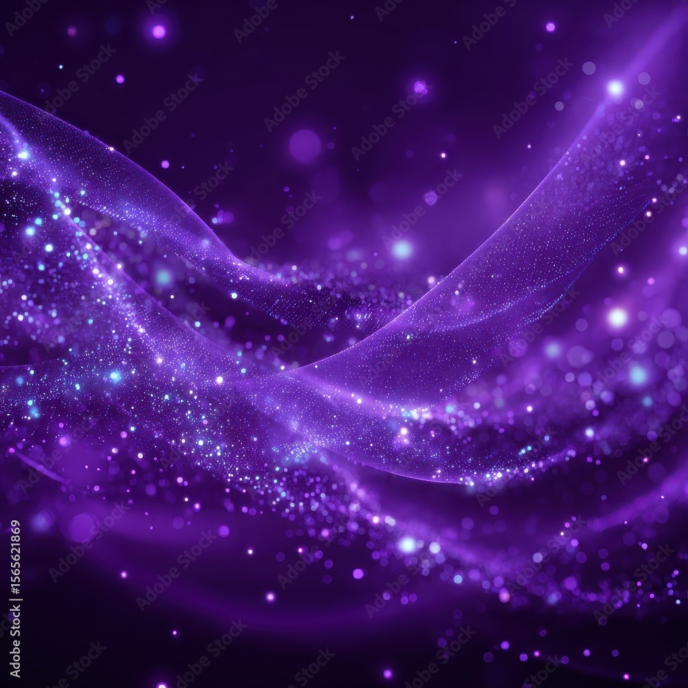 Poster digital purple particles wave and light abstract background with shining dots stars.