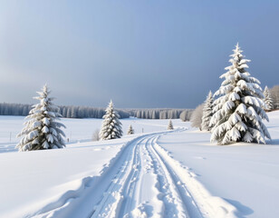 Serene winter landscape with snow covered trees and winding path