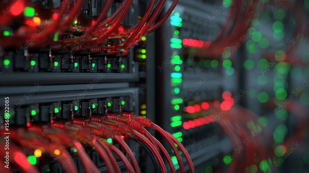 Poster close-up of a modern data server with numerous ethernet cables connected, glowing red and green ligh