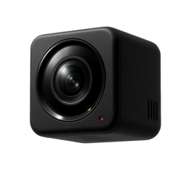 An indoor cube security camera with a wide-angle lens suitable for use in an apartment living room.