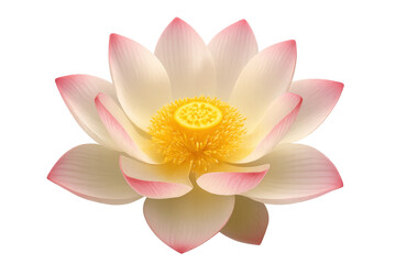 Pink yellow lotus blossom revealing intricate petal layers, floating against transparent backdrop with soft light diffusion