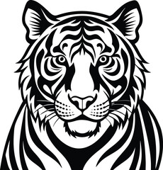 Intense tiger face with striking black and white tribal pattern silhouette .eps