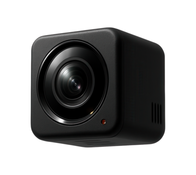 An indoor cube security camera with a wide-angle lens suitable for use in an apartment living room.